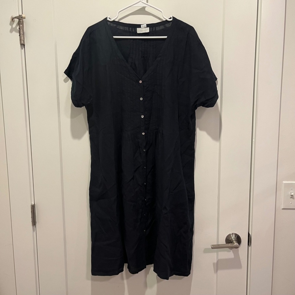 Poetry Black 100% Linen Button Front Pintuck Midi Dress Womens US 16